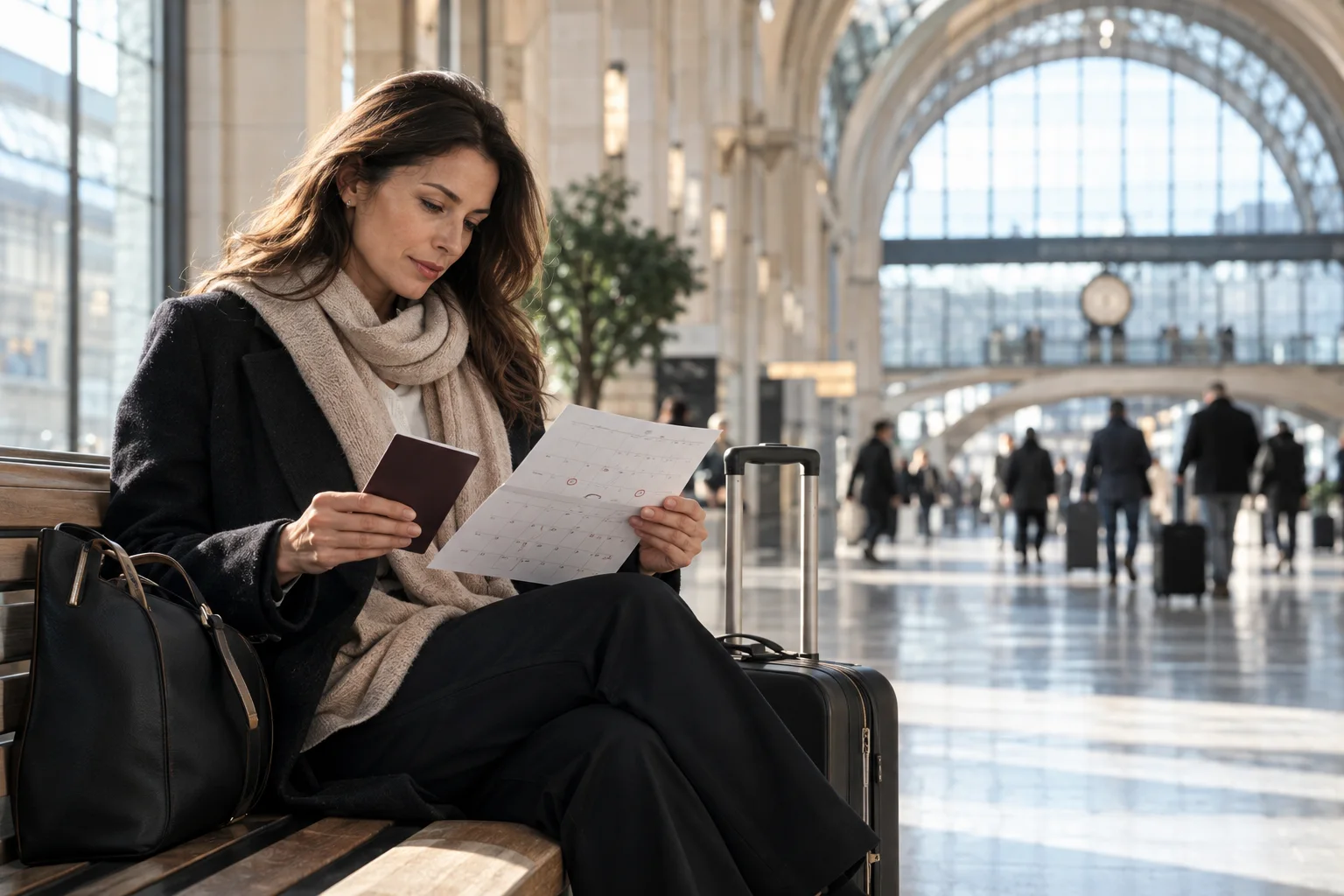 Traveler reviewing a calendar and travel documents in a European railway station