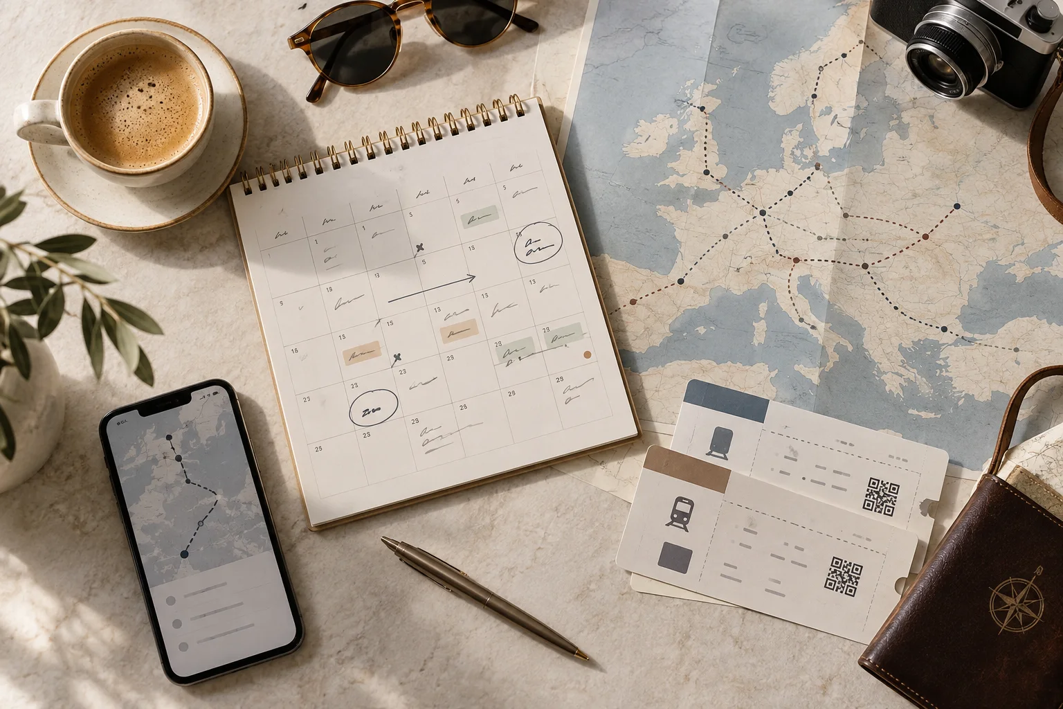 Overhead travel-planning scene with a calendar, European route map, phone, tickets, and coffee